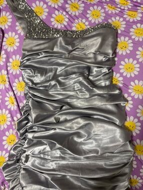 City Studio One-Shoulder Silver Satin Ruched Dress with Beaded Trim